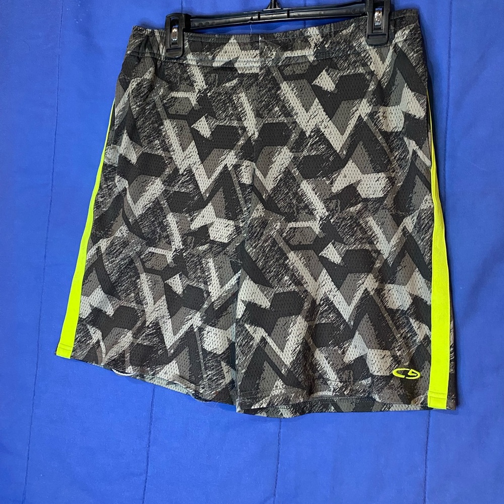 Champion Kids Black Geometric Shorts with Neon Yellow Trim